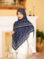 روسری نخی گلدار آبرنگی سرمه ای 140 - روسری مهرو