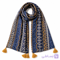 شال زنانه طرح هندسی سنتی نارنجی و طوسی منگوله‌دار