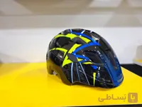 کلاه ایمنی بچگانه قناری KS16 طرح خط دار مشکی-آبی-زرد