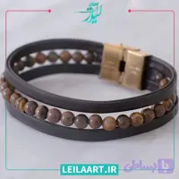 دستبند چرم اسپرت با سنگ چشم ببر و قفل ساعتی گازگیر کد 10004