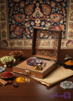 جعبه هدیه زعفران با ظرف فلزی زعفران طرح ترنج و هاونگ