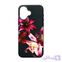 قاب مینیمال چرمی طرح لیلیوم صورتی با زمینه مشکی IPHONE 16
