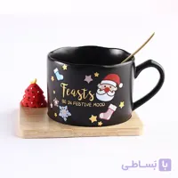 ماگ سرامیکی کریسمس با زیره چوبی و قاشق
