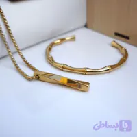 ست گردنبند و دستبند پسرانه استیل طلایی طرح بامبو