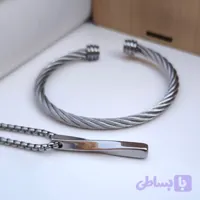 ست گردنبند و بنگل پسرانه نقره ای استیل