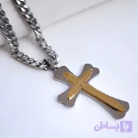 گردنبند صلیب مردانه نقره ای طلایی همراه زنجیر 6 میل (کد HW08P)