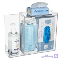 دیسپنسر چندمنظوره پلکسی برای ماسک، دستکش، دستمال و محلول ضدعفونی‌کنندهMulti-Purpose Plexiglass Dispenser