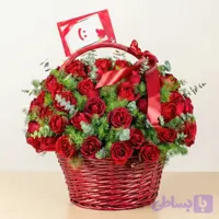 سبد گل رز هلندی و کیک مدل رزیتا