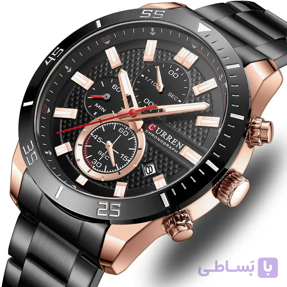 ساعت مچی مردانه کارن 8355 مشکی-رزگلد (کورن CURREN) سه موتور فعال