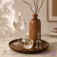 ست دکوری چوبی آرامش-سینی و گلدان چوبی با شمع پیرکس حبابی
