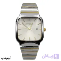 ساعت مردانه سیتیزن Special دورنگ، صفحه سفید، بند و قاب استیل نقره‌ای طلایی، صفحه مربعی، نمایش تاریخ، قفل پروانه‌ای مخفی مدل GN-2525