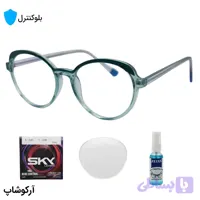 عینک بلوکنترل زنانه با فریم شکل گرد، رنگ سبز و دسته سیم‌دار و لنز بلوکنترل کره‌ای برند SKY مدل 8329