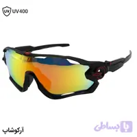 عینک ورزشی OAKLEY JAW با فریم رنگ مشکی مات، بیس دار، لنز جیوه‌ای و رنگ قرمز آتشی مدل OO9290