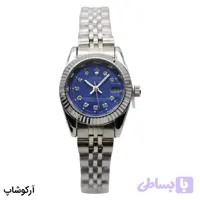 ساعت زنانه ROLEX نقره‌ای، صفحه آبی، بند استیل طرح جولی، قاب دندانه‌دار، موتور کوارتز و قفل تاژ مخفی مدل 6018L