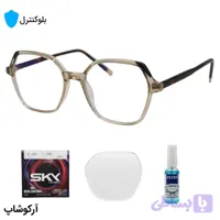 عینک بلوکنترل با فریم شکل چندضلعی، رنگ عسلی، دسته رنگ هاوانا، سیم‌دار و لنز بلوکنترل کره‌ای برند SKY مدل 8336