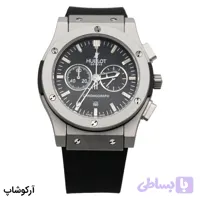 ساعت هابلوت کرنوگراف مشکی، بند رابر و سیلیکونی، قاب نقره‌ای مات، صفحه گرد آنالوگ، نمایش تاریخ و 24 ساعته و قفل پروانه‌ای مدل 582888