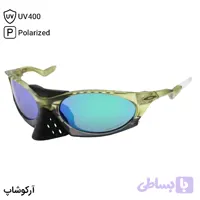 عینک ورزشی OAKLEY با فریم سبز و مشکی مات، شکل بیضی، لنز آینه‌ای، رنگ آبی و پلاریزه طرح پلانتاریس مدل OO9437