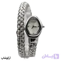 ساعت زنانه Bvlgari نقره‌ای، صفحه سفید بافت‌دار، بند استیل حصیری فنری، قاب اشکی طرح سر ماری، موتور کوارتز و طراحی بدون قفل مدل 0997