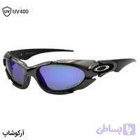 عینک اوکلی طرح Plate با فریم نوک مدادی براق، شکل بیضی، بیس‌دار و لنز جیوه‌ای و آبی رنگ مدل 9367