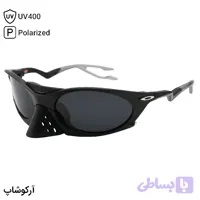 عینک ورزشی OAKLEY با فریم مشکی مات، شکل بیضی، لنز دودی تیره و پلاریزه طرح Plantaris مدل OO9437