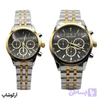 ساعت ست مردانه و زنانه ROMANSON نقره‌ای و طلایی، صفحه مشکی، بند استیل دو رنگ، قاب گرد، موتور کوارتز، کرنوگراف و تقویم‌دار مدل RM0228S
