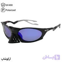 عینک ورزشی اوکلی با فریم مشکی مات، شکل بیضی، لنز آینه‌ای، رنگ آبی و پلاریزه طرح Plantaris مدل OO9437