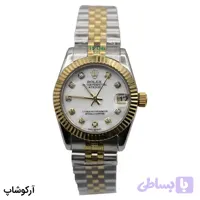 ساعت زنانه ROLEX دیت‌جاست دو رنگ، صفحه صدفی نگین‌دار، بند استیل دو رنگ جوبیلی، قاب گرد، موتور کوارتز با نمایش تاریخ و قفل مخفی تاج‌دار مدل 1706