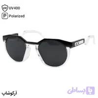 عینک ورزشی اوکلی با فریم رنگ مشکی و شفاف براق، شکل گرد و لنز دودی تیره و پلاریزه مدل 009242A