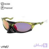 عینک ورزشی OAKLEY با فریم سبز و مشکی مات، شکل بیضی، لنز آینه‌ای، رنگ قرمز و پلاریزه طرح پلانتاریس مدل OO9437