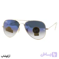 عینک آفتابی ریبن با فریم خلبانی، رنگ طلایی، لنز شیشه، رنگ آبی، آینه‌ای و سایه روشن مدل RB3026