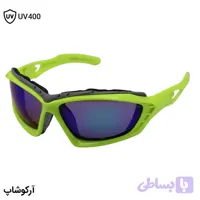 عینک ورزشی OAKLEY با فریم سبز رنگ، بیس‌دار و لنز آینه‌ای و جیوه‌ای رنگ آبی مدل 5347