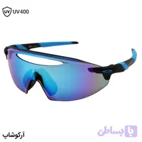 عینک ورزشی اوکلی با فریم و دسته مشکی و آبی رنگ، لنز آینه‌ای و آبی روشن و Prizm مدل OO9407