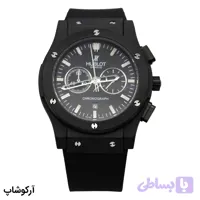 ساعت هابلوت کرنوگراف مشکی، بند رابر و سیلیکونی، قاب مشکی مات، صفحه گرد آنالوگ، نمایش تاریخ و 24 ساعته و قفل پروانه‌ای مدل 582888