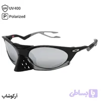 عینک ورزشی اوکلی با فریم مشکی مات، شکل بیضی، لنز آینه‌ای، رنگ نقره‌ای و پلاریزه طرح Plantaris مدل OO9437
