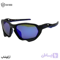 عینک ورزشی اوکلی با فریم مشکی مات، بیس‌دار، لنز جیوه‌ای، آبی رنگ و UV400 مدل OO9019-0959