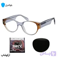 عینک بلوکنترل با فریم شکل بیضی، رنگ آبی و قهوه‌ای، دسته سیم‌دار، برند گوچی و لنز بلوکنترل کره‌ای برند SKY مدل 669802