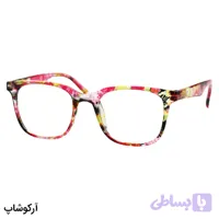 عینک مطالعه نزدیک بین نمره +2.75 با فریم صورتی چند رنگ، مربعی شکل و دسته فنری مدل 23-33