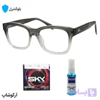 عینک بلوکنترل با فریم شکل مستطیلی، رنگ طوسی براق، برند Ray-Ban و لنز بلوکنترل کره‌ای برند SKY مدل 6703