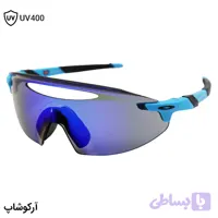 عینک ورزشی اوکلی با فریم و دسته مشکی و آبی رنگ، لنز آینه‌ای و آبی تیره و Prizm مدل OO9407