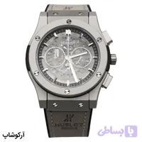 ساعت Hublot بیگ بنگ اسکلتون کرنوگراف خاکستری، بند جیر و سیلیکونی، قاب نقره‌ای مات، صفحه گرد اسکلتون شفاف با نمایش چرخ‌دنده‌ها و قفل پروانه‌ای مدل 582888