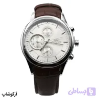 ساعت مردانه ELEGANCE نقره‌ای، صفحه سفید، بند چرمی قهوه‌ای، قاب گرد، دارای تقویم و نمایشگر 24 ساعته، موتور کوارتز و قفل پروانه‌ای مدل 1343G