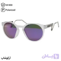 عینک ورزشی اوکلی با فریم گرد، رنگ سفید مات (یخی)، دسته سنجاقی و لنز آینه‌ای بنفش و پلاریزه مدل OO9279
