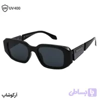 عینک آفتابی PRADA با فریم مستطیلی شکل، رنگ مشکی براق، دسته سیم‌دار و لنز دودی تیره مدل 8864