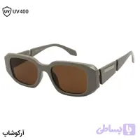 عینک آفتابی پرادا با فریم مستطیلی شکل، رنگ طوسی براق، دسته سیم‌دار و لنز قهوه‌ای تیره مدل 8864