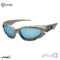 عینک OAKLEY طرح Plate با فریم نقره‌ای براق، شکل بیضی، بیس‌دار و لنز جیوه‌ای و آبی رنگ مدل 9367
