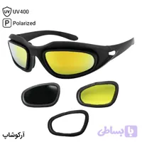 عینک ورزشی با فریم مشکی رنگ، از جنس کائوچو و 4 کاور لنز و تجهیزات کامل مدل 003560