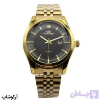 ساعت مردانه ELEGANCE طلایی، صفحه مشکی ساده، بند استیل طلایی، قاب گرد، نمایش تاریخ، موتور کوارتز و قفل تاشو مدل CH06SG