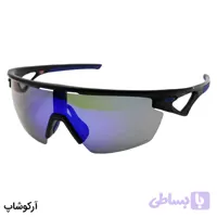 عینک ورزشی پلاریزه OAKLEY با فریم مشکی مات، از جنس کائوچو و لنز آینه‌ای و آبی رنگ مدل E-3804