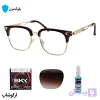 عینک بلوکنترل با فریم شکل کلاب مستر، رنگ طلایی و قهوه‌ای، برند میباخ و لنز بلوکنترل کره‌ای برند SKY مدل 3402