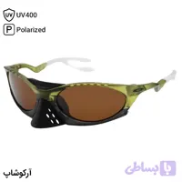 عینک ورزشی OAKLEY با فریم سبز و مشکی مات، شکل بیضی، لنز قهوه‌ای تیره و پلاریزه طرح پلانتاریس مدل OO9437